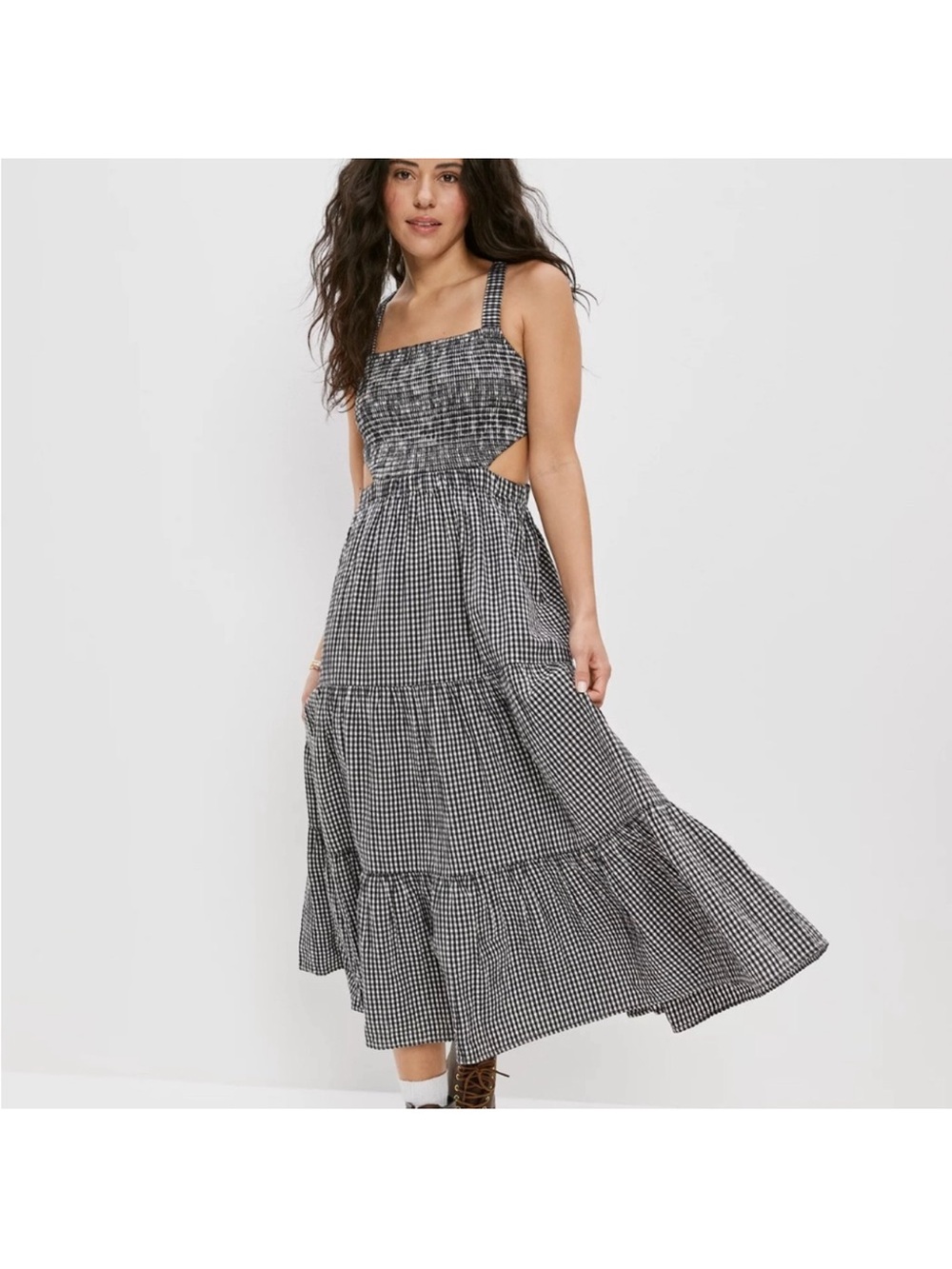 American Eagle Black & White Gingham Plaid Maxi Dress Cotton Linen Size Large